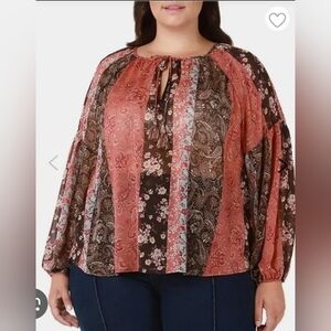 Dex Plus Size 2X Patchwork Boho Blouse Floral Paisley Tassel Tie Peasant Top